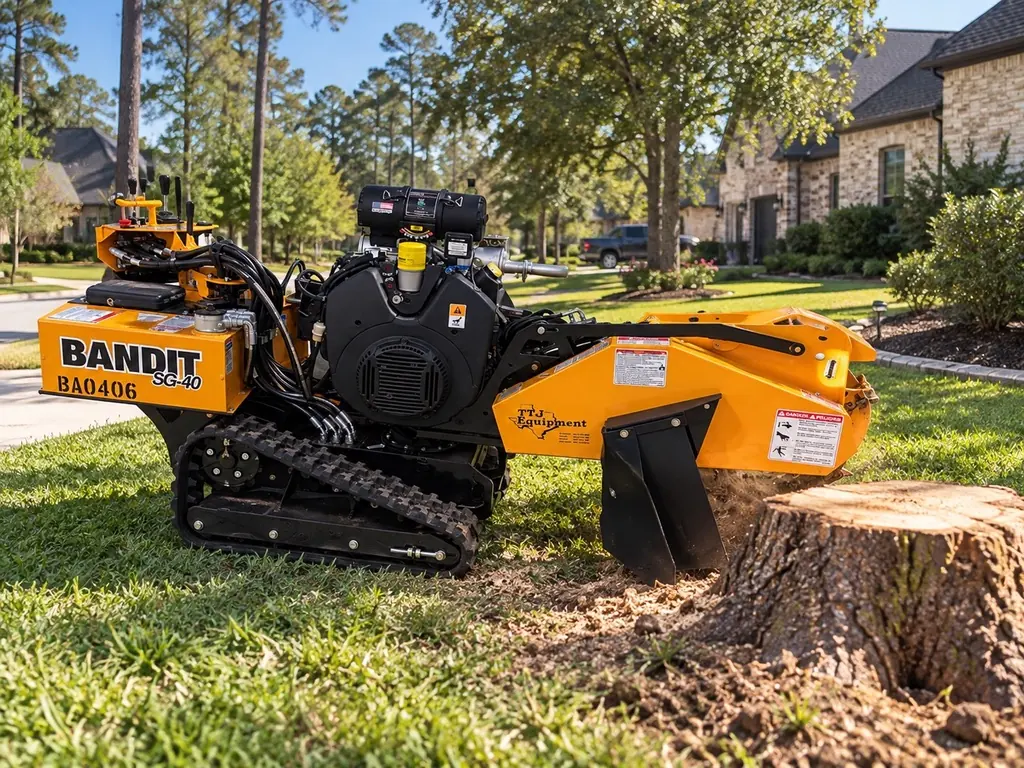 Bandit SG-40 stump grinder next to a tree stump in a residential yard